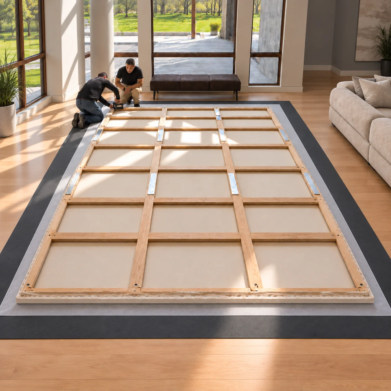 Handlers working around the reverse of a large frame over a prepared work area