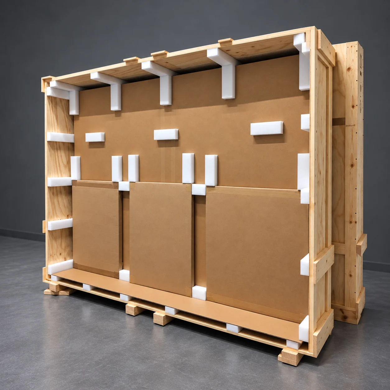 Several protected panels supported separately inside a timber crate