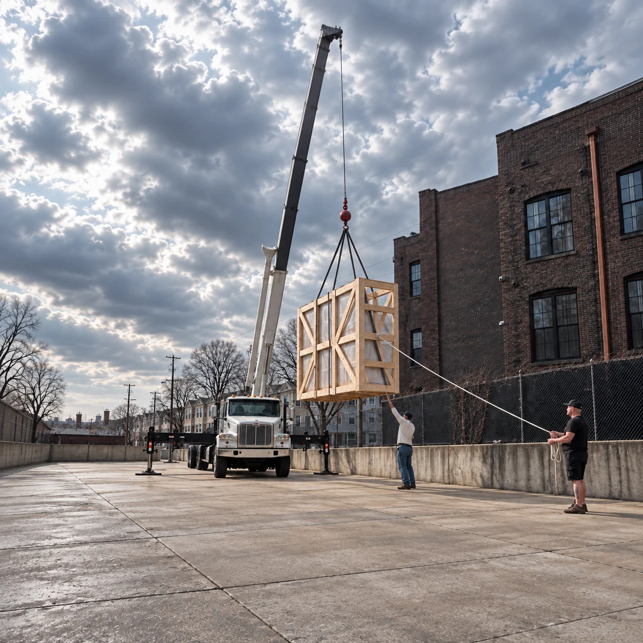 A timber transport frame suspended beside a brick building