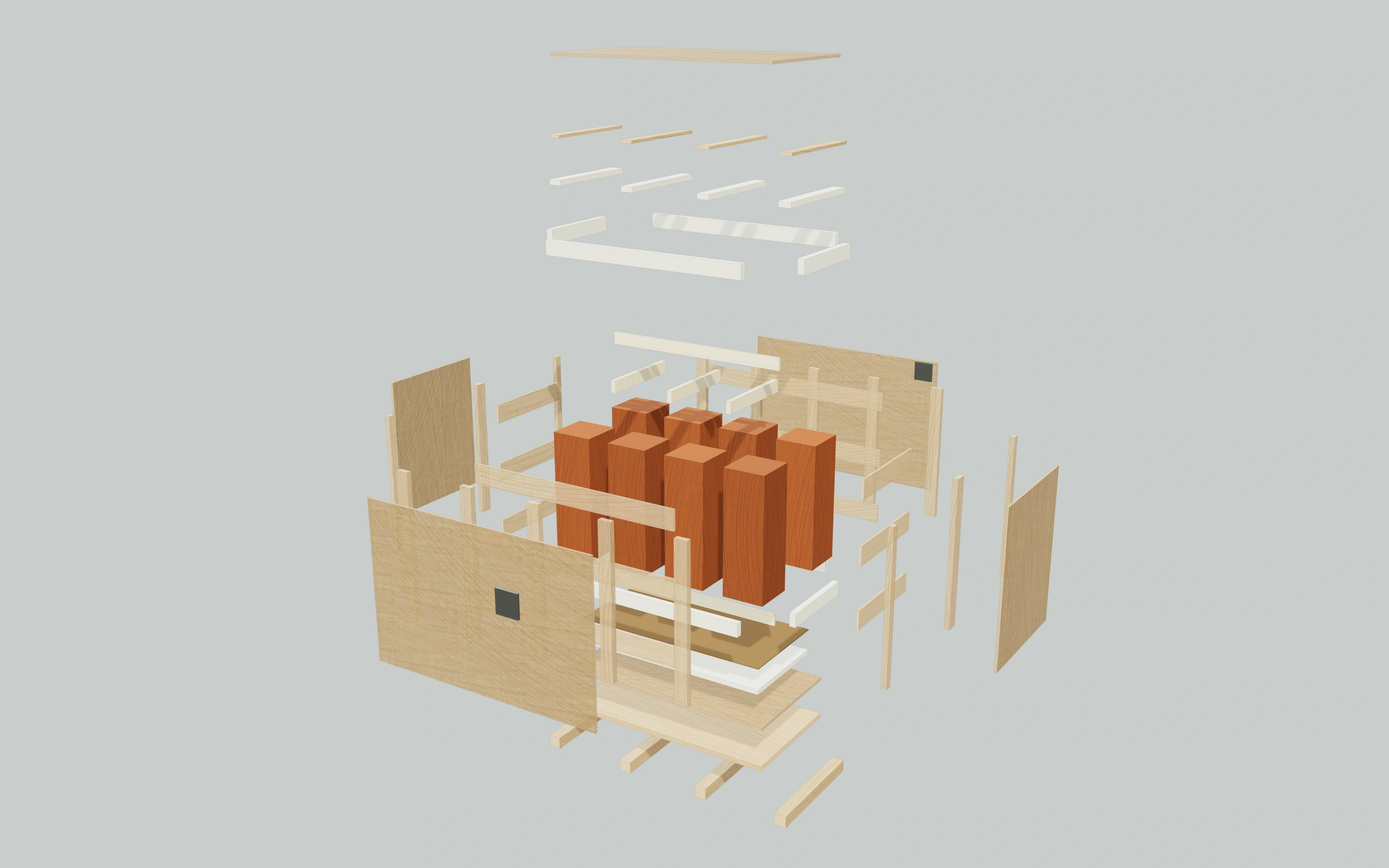 Separated components of the proposed timber packing plan, showing the cedar timbers, supports and crate panels
