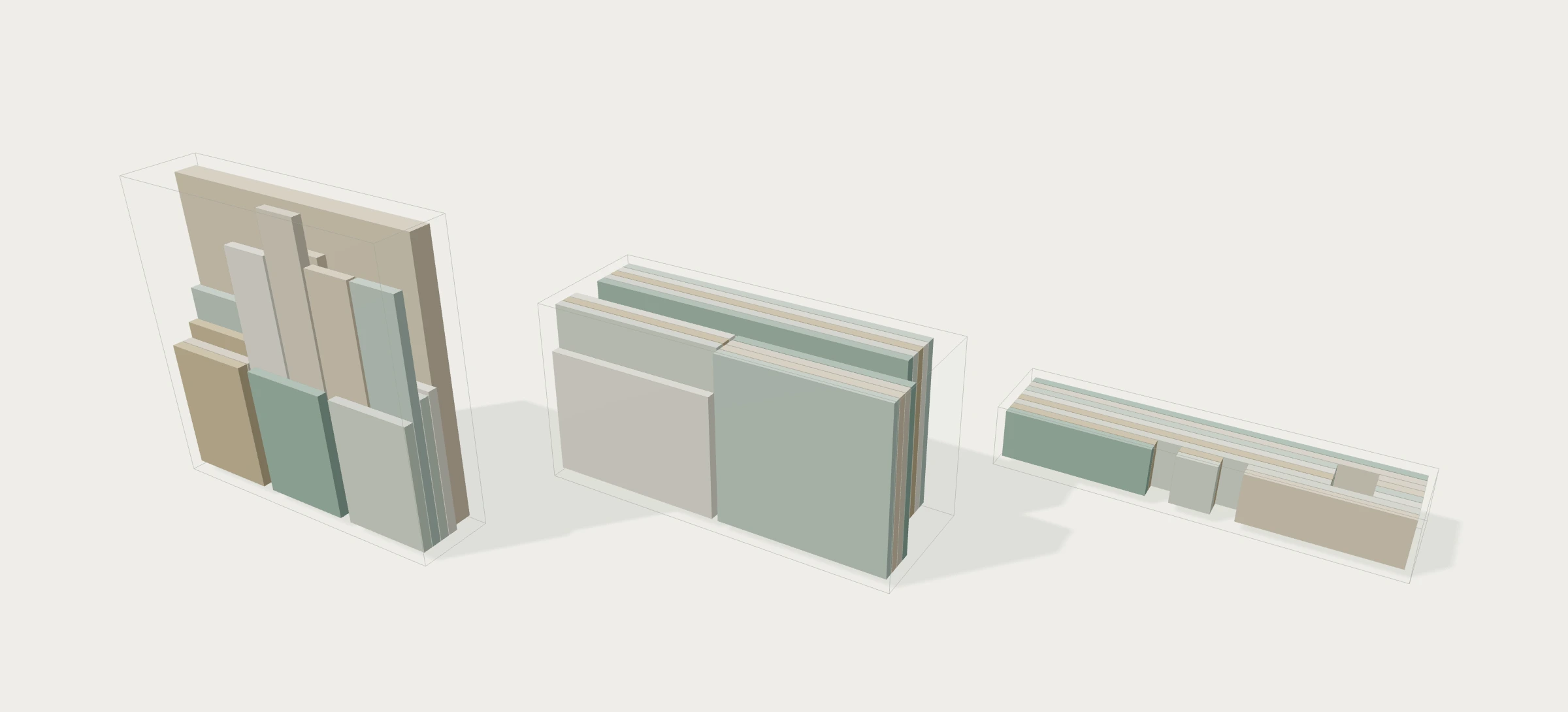 Saved illustrative arrangement of 47 works in three crates